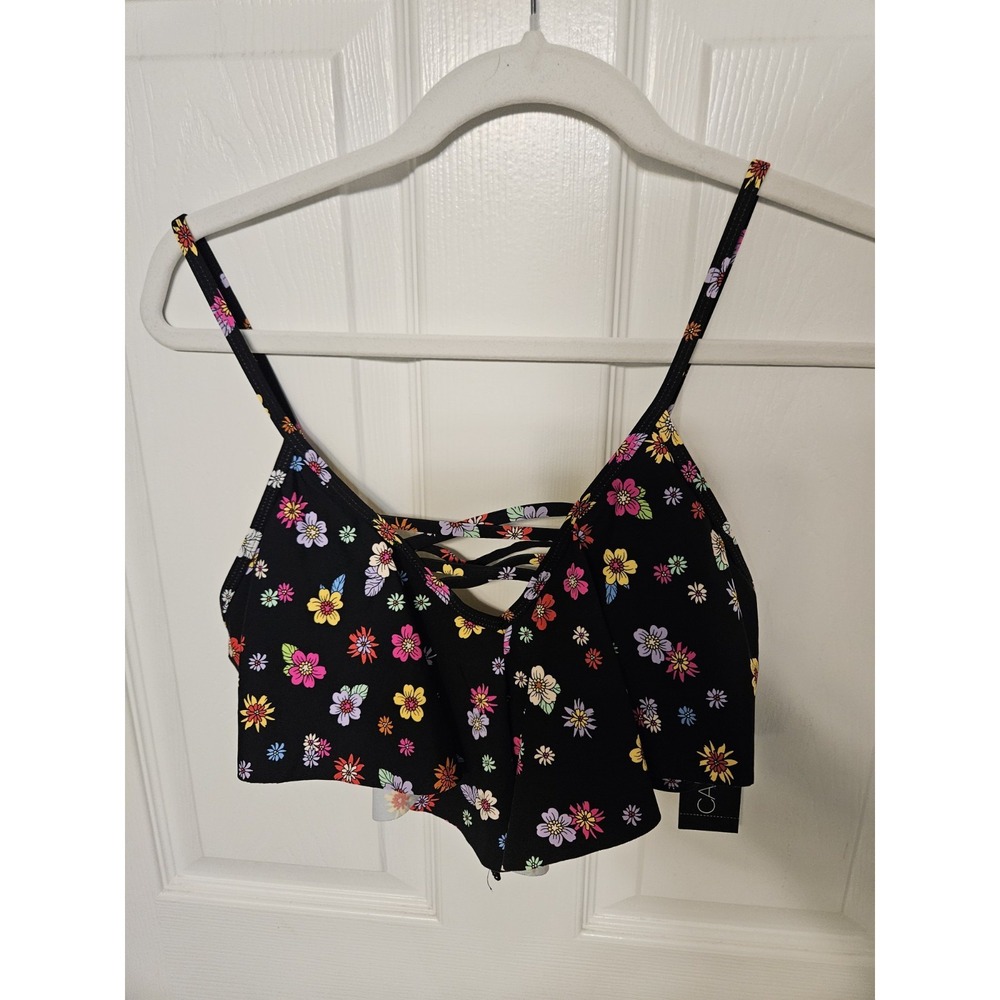 California Waves Black Floral Flounce Bikini Top Ruffle Strappy Back Size D/DD